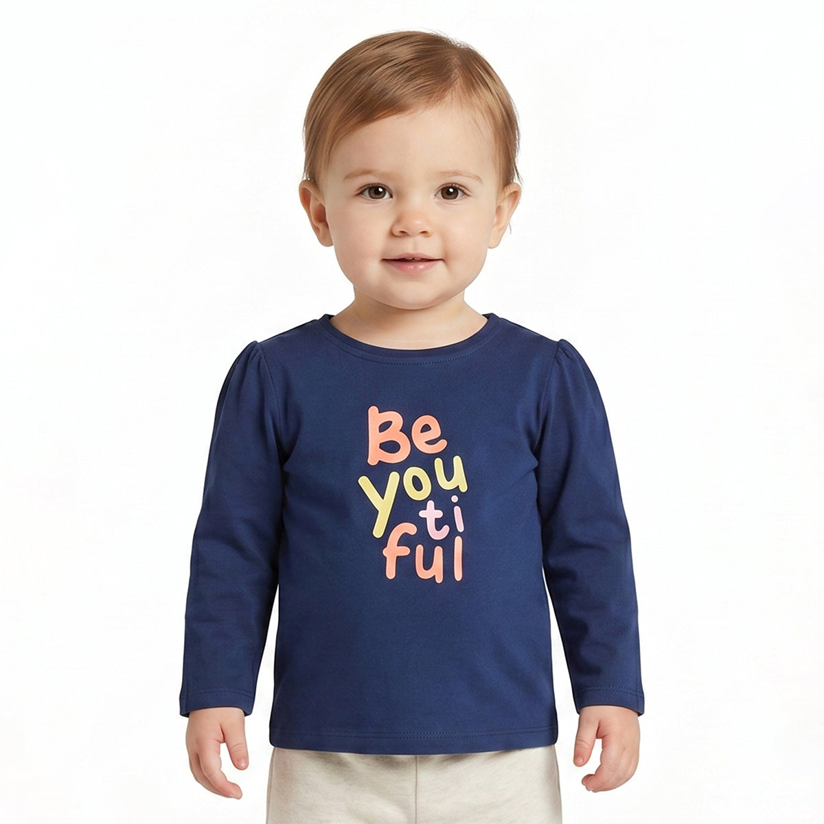 Baby Girls Navy Blue Cotton Graphic T-Shirt Regular Fit Casual Top