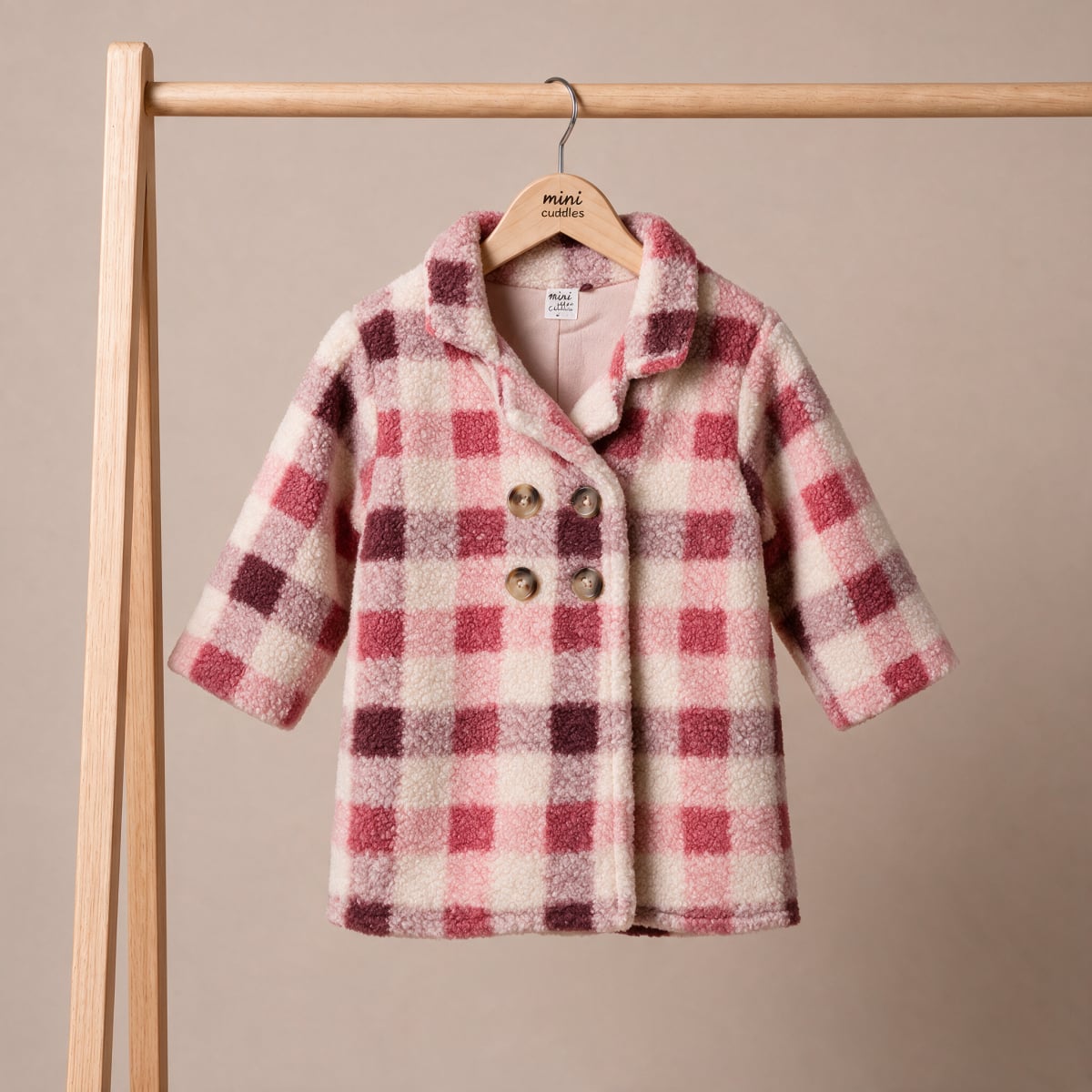 Baby Girls Pink Cream and Burgundy Checked Plush Coat Double-Breasted Regular Fit Winter Wear