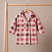 Baby Girls Pink Cream and Burgundy Checked Plush Coat Double-Breasted Regular Fit Winter Wear