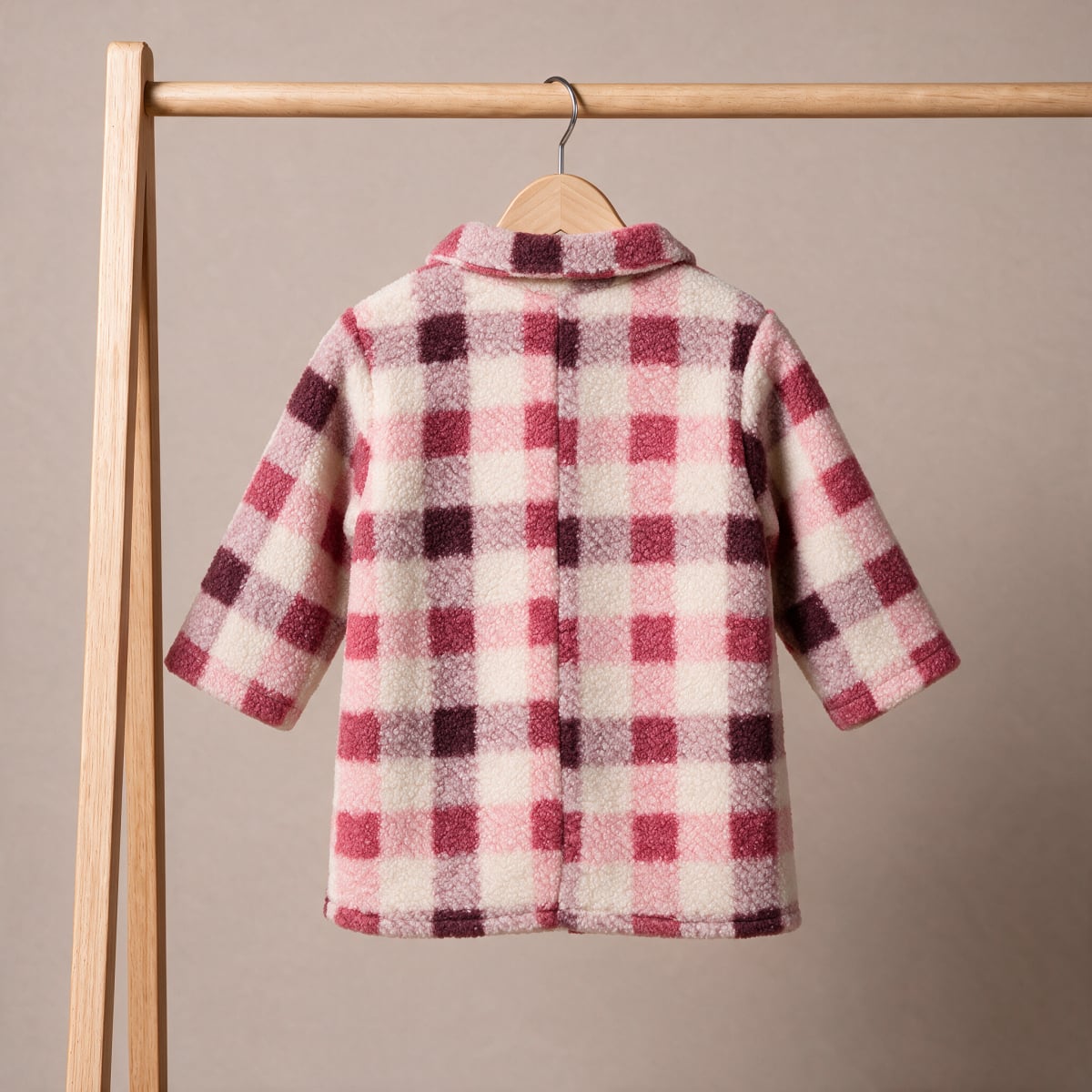 Baby Girls Pink Cream and Burgundy Checked Plush Coat Double-Breasted Regular Fit Winter Wear