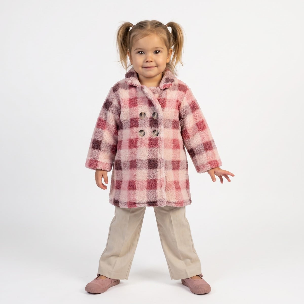 Baby Girls Pink Cream and Burgundy Checked Plush Coat Double-Breasted Regular Fit Winter Wear