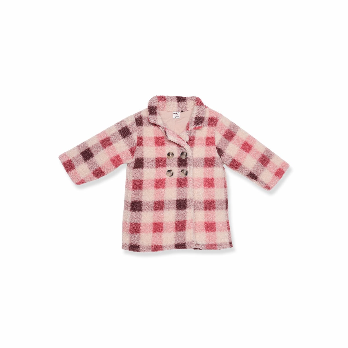 Baby Girls Pink Cream and Burgundy Checked Plush Coat Double-Breasted Regular Fit Winter Wear