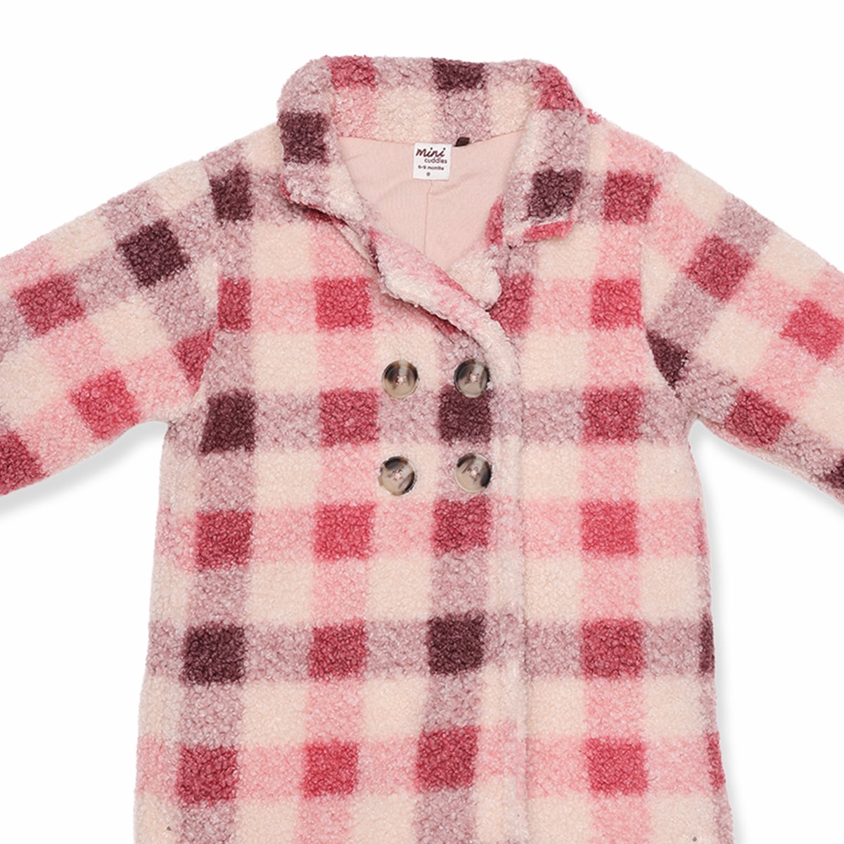 Baby Girls Pink Cream and Burgundy Checked Plush Coat Double-Breasted Regular Fit Winter Wear