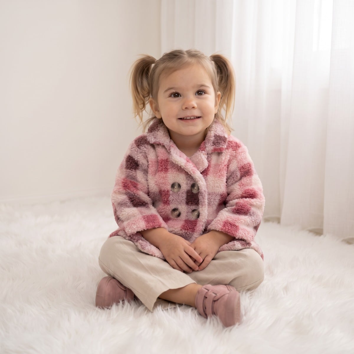Baby Girls Pink Cream and Burgundy Checked Plush Coat Double-Breasted Regular Fit Winter Wear