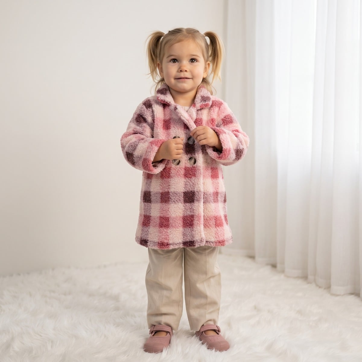 Baby Girls Pink Cream and Burgundy Checked Plush Coat Double-Breasted Regular Fit Winter Wear