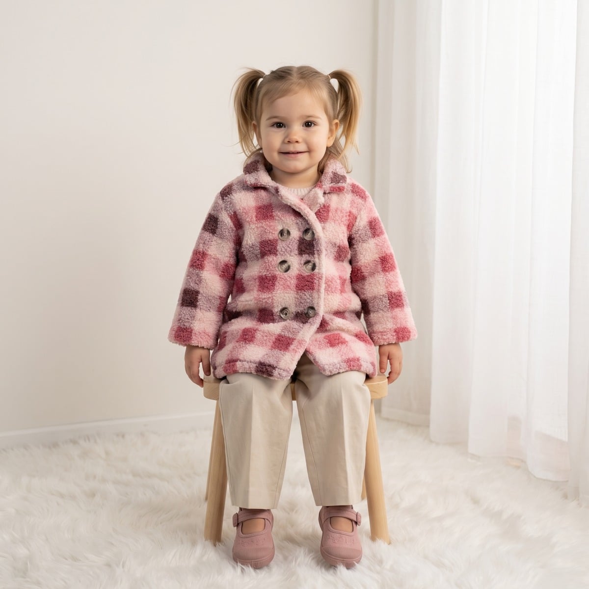 Baby Girls Pink Cream and Burgundy Checked Plush Coat Double-Breasted Regular Fit Winter Wear