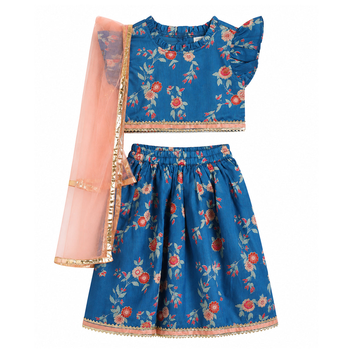Baby Girls Blue Floral Printed Kurti Skirt And Dupatta Set Regular Fit Ethnic Wear