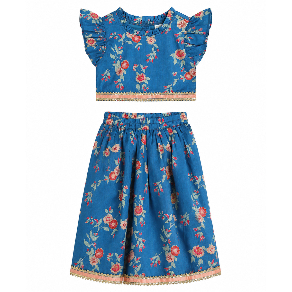 Baby Girls Blue Floral Printed Kurti Skirt And Dupatta Set Regular Fit Ethnic Wear