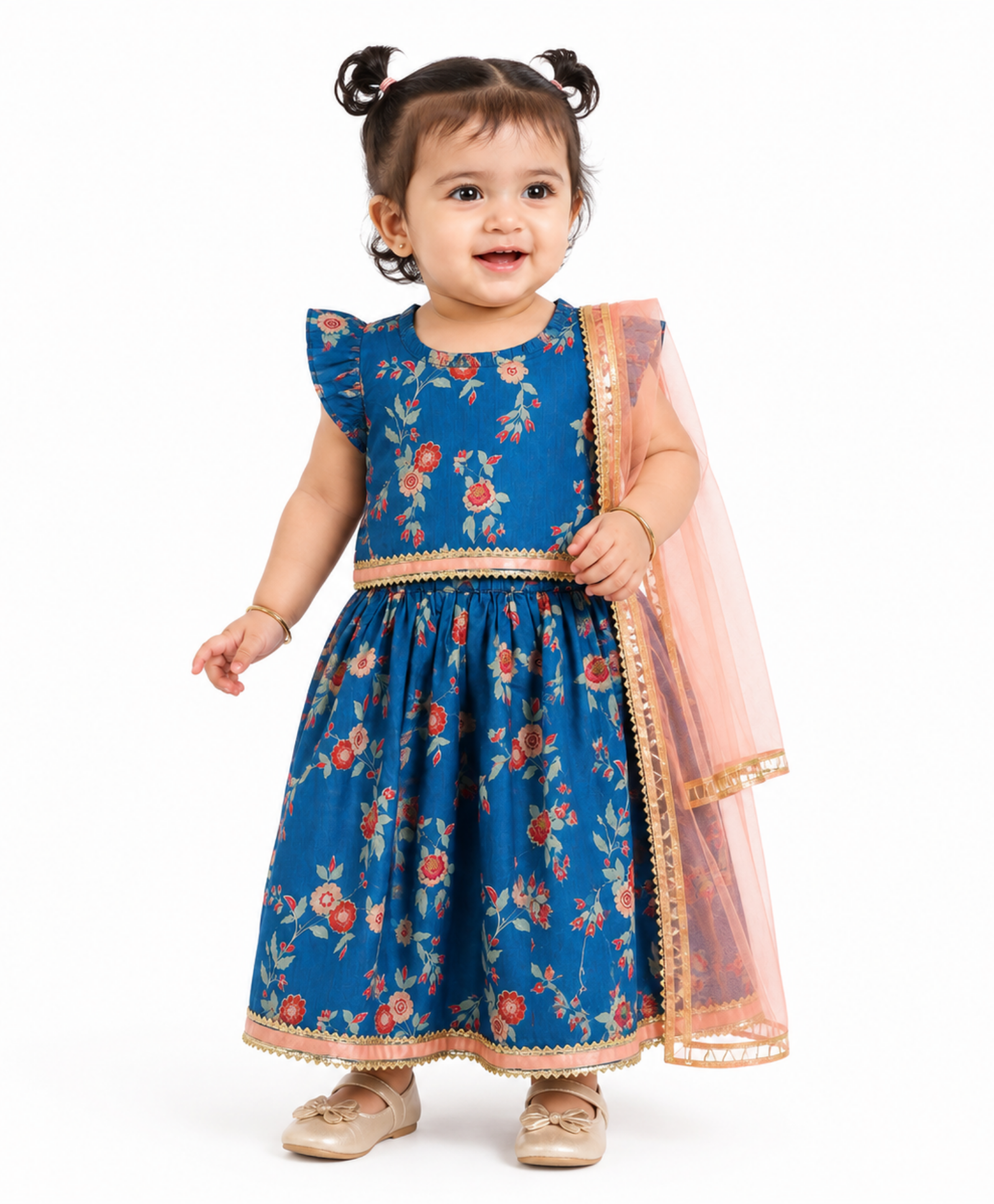 Baby Girls Blue Floral Printed Kurti Skirt And Dupatta Set Regular Fit Ethnic Wear