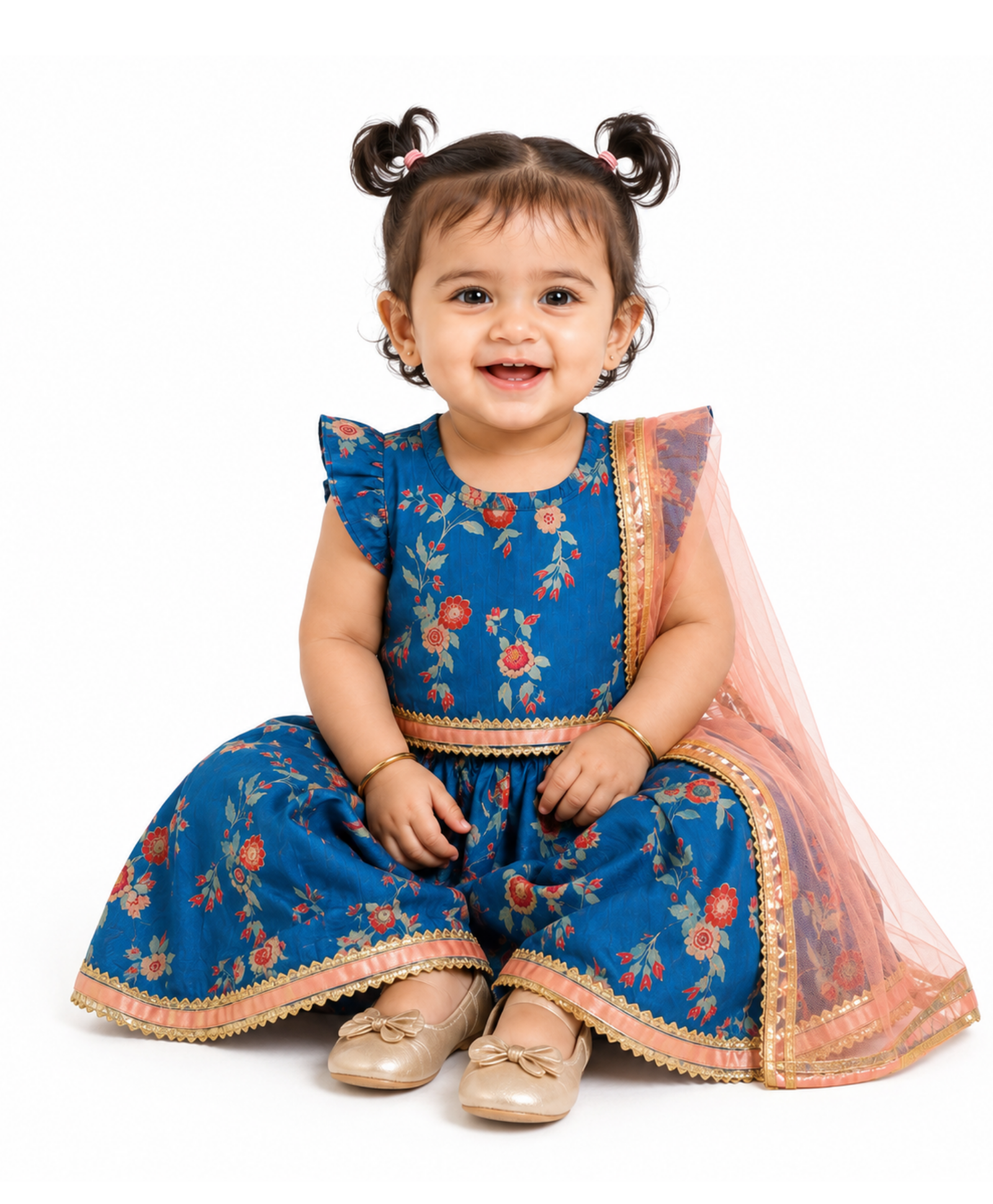 Baby Girls Blue Floral Printed Kurti Skirt And Dupatta Set Regular Fit Ethnic Wear