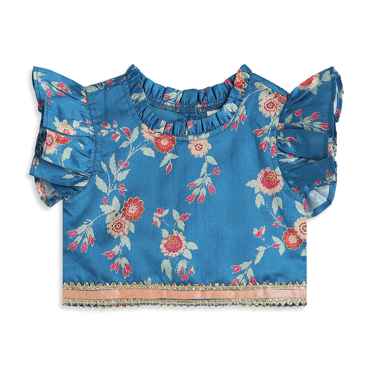Baby Girls Blue Floral Printed Kurti Skirt And Dupatta Set Regular Fit Ethnic Wear