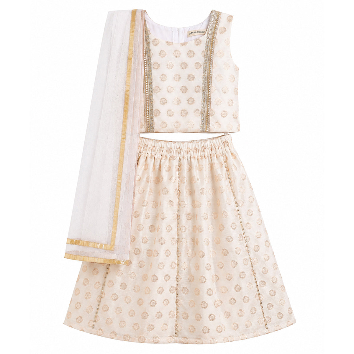 Baby Girls Off-White and Gold Silk Blend Lehenga Set Regular Fit Festive Ethnic Wear