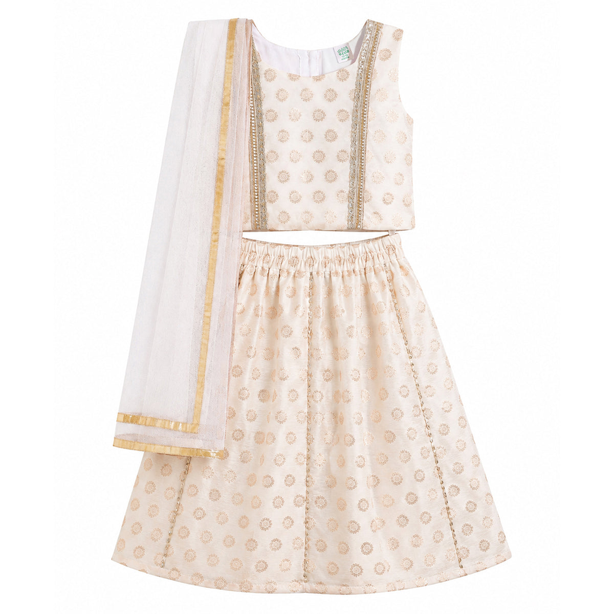Baby Girls Off-White and Gold Silk Blend Lehenga Set Regular Fit Festive Ethnic Wear