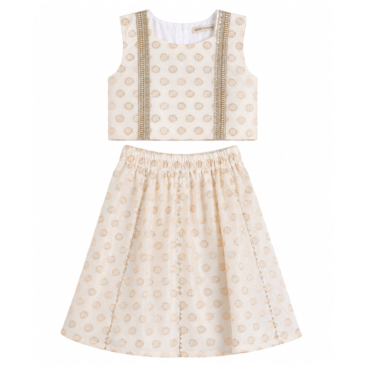 Baby Girls Off-White and Gold Silk Blend Lehenga Set Regular Fit Festive Ethnic Wear