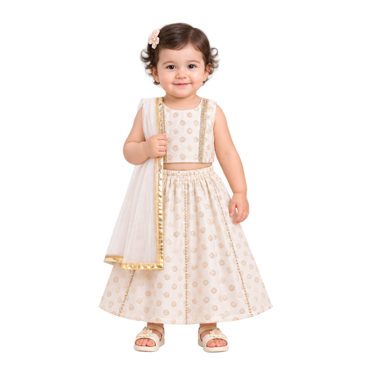 Baby Girls Off-White and Gold Silk Blend Lehenga Set Regular Fit Festive Ethnic Wear