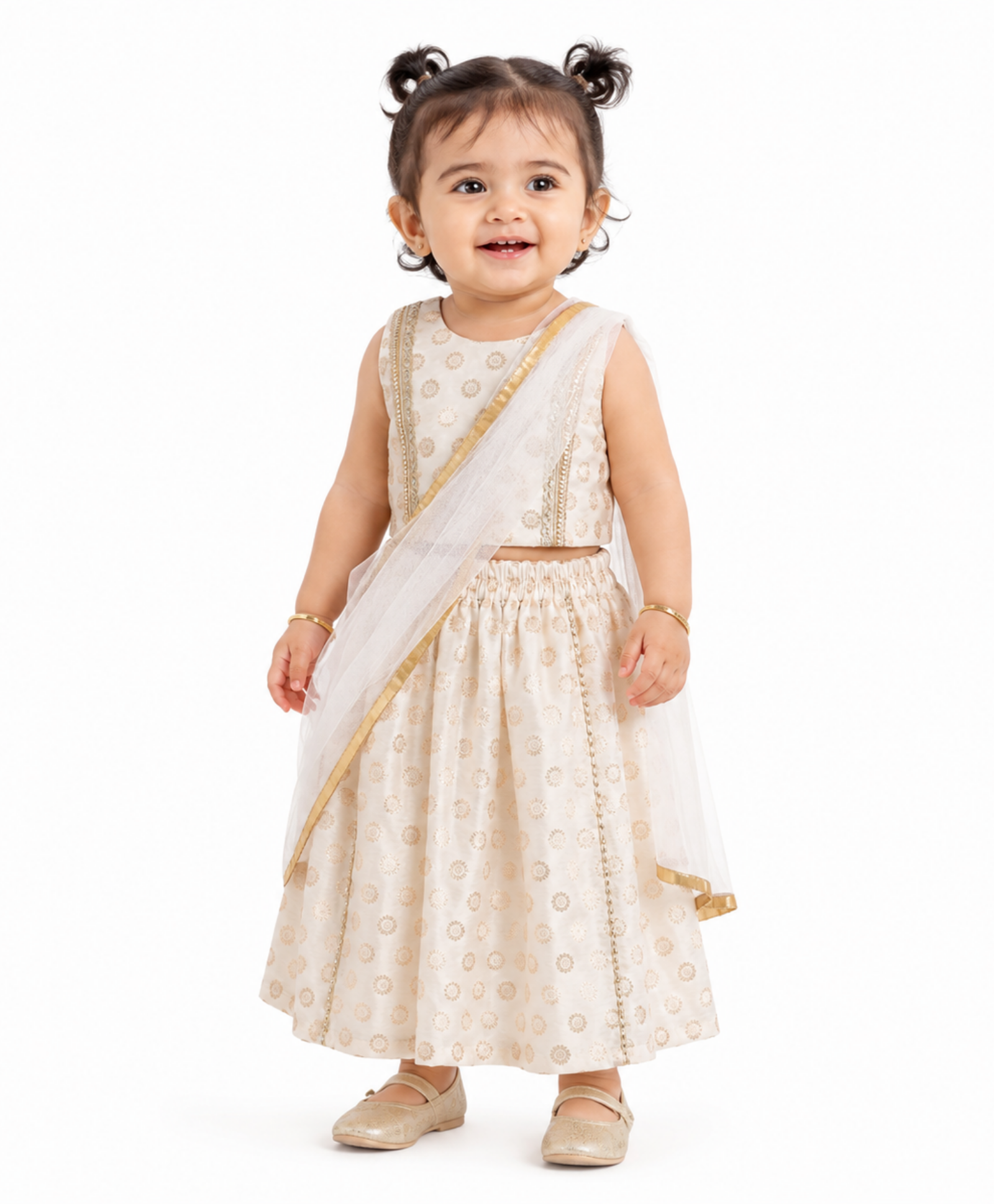 Baby Girls Off-White and Gold Silk Blend Lehenga Set Regular Fit Festive Ethnic Wear
