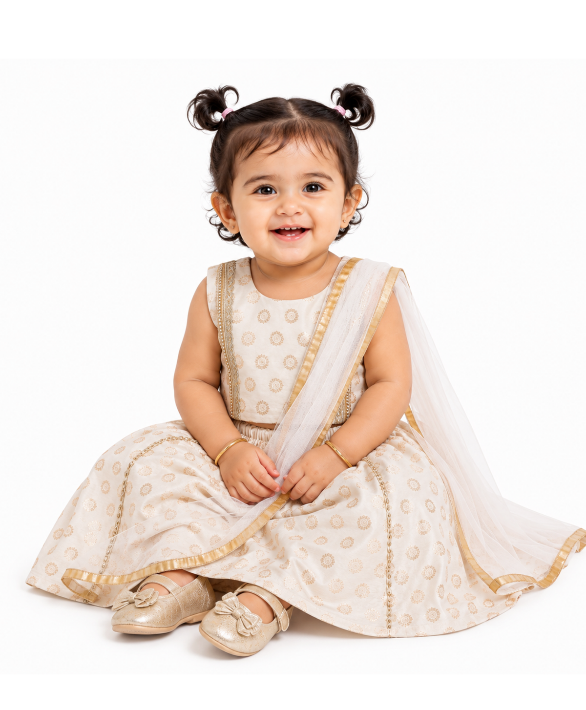 Baby Girls Off White and Gold Silk Blend Lehenga Set Festive Ethnic
