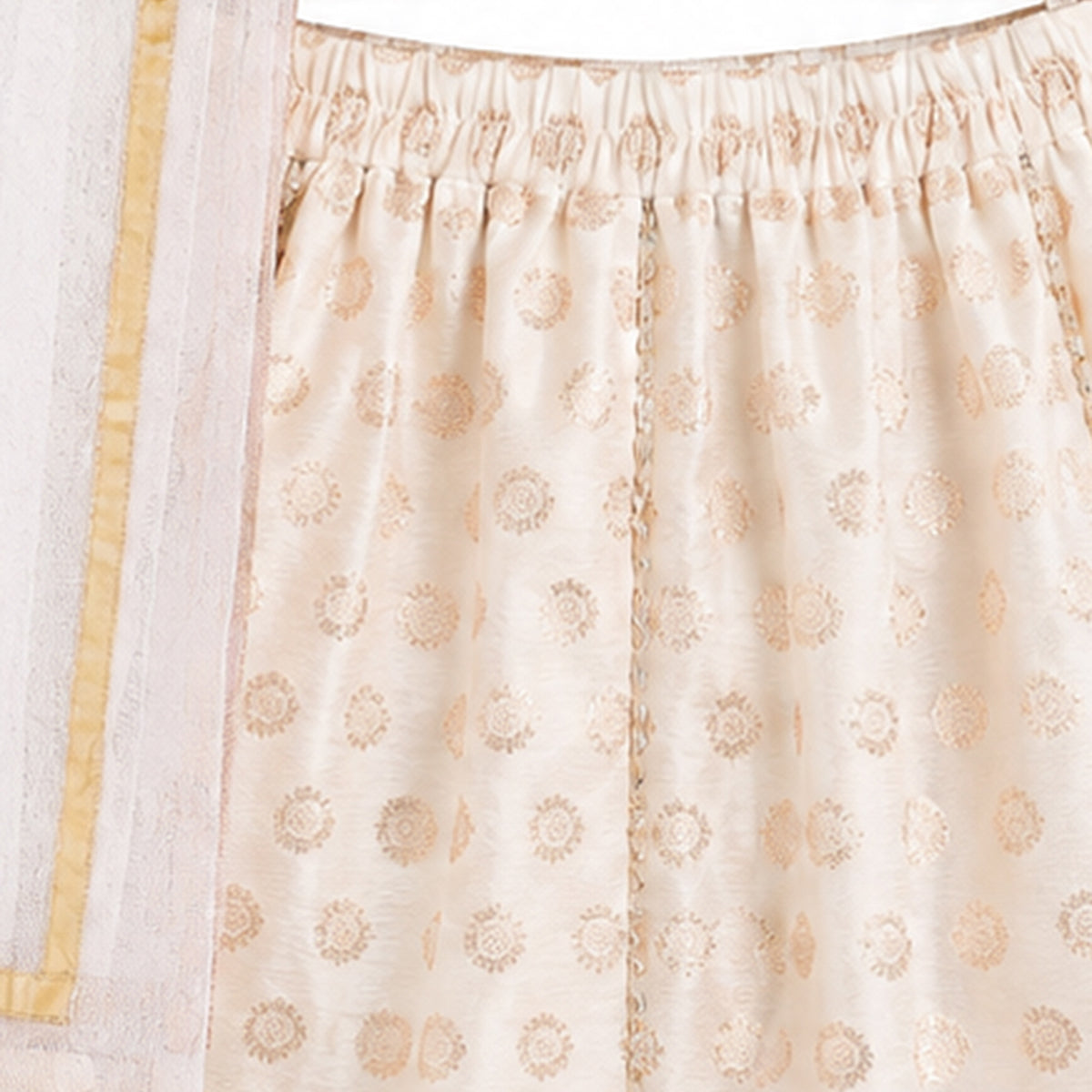 Baby Girls Off-White and Gold Silk Blend Lehenga Set Regular Fit Festive Ethnic Wear