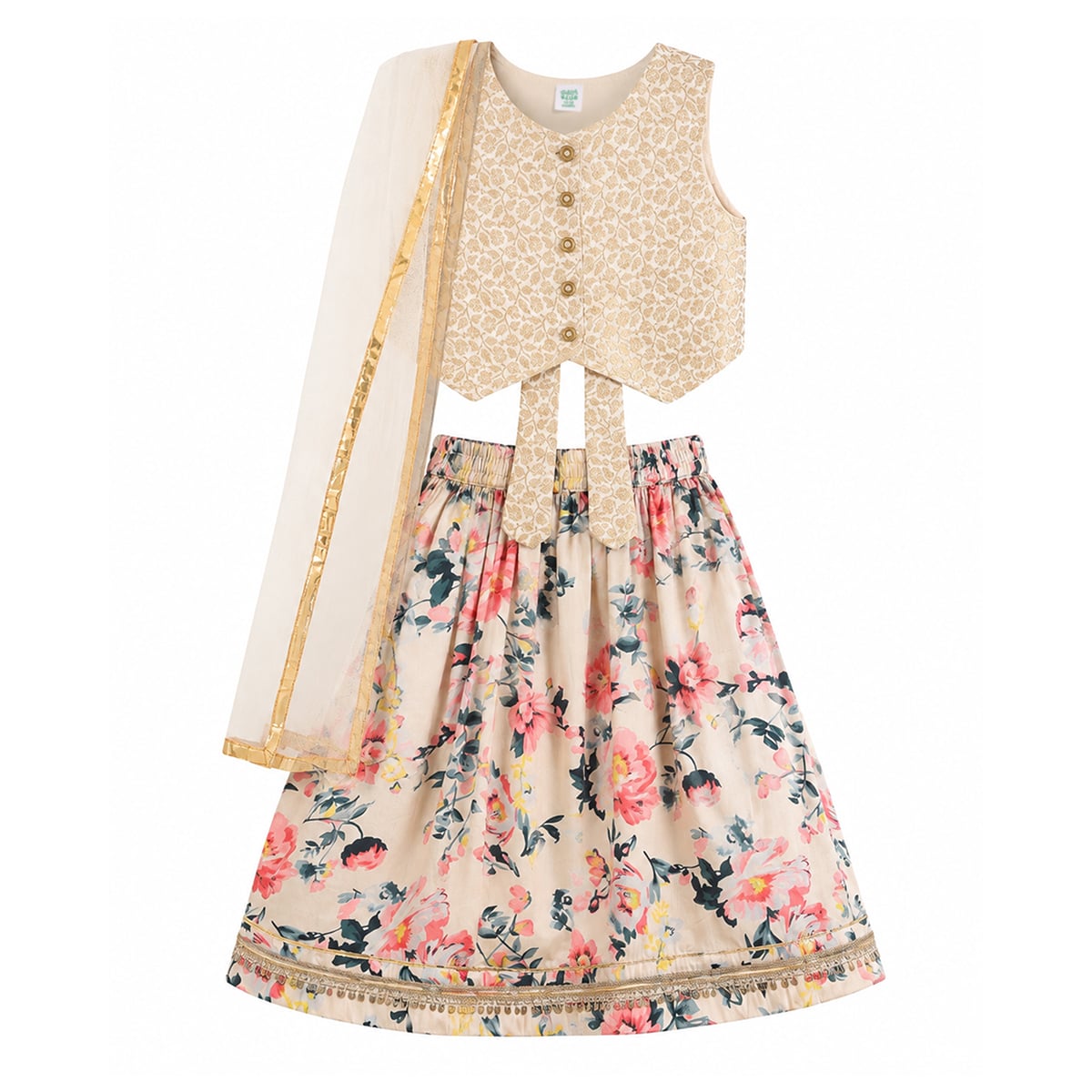 Baby Girls Beige Pink and Gold Woven Lehenga Set Regular Fit Festive Kids Ethnic Wear