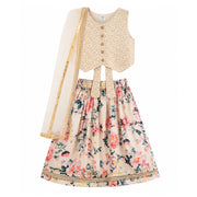 Baby Girls Beige Pink and Gold Woven Lehenga Set Regular Fit Festive Kids Ethnic Wear