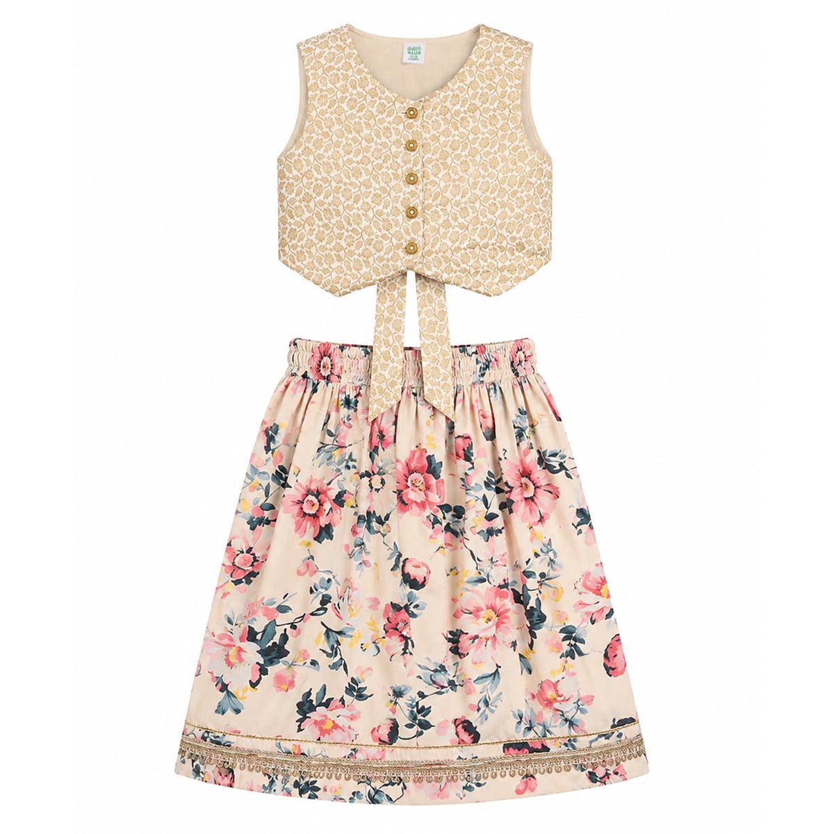 Baby Girls Beige Pink and Gold Woven Lehenga Set Regular Fit Festive Kids Ethnic Wear