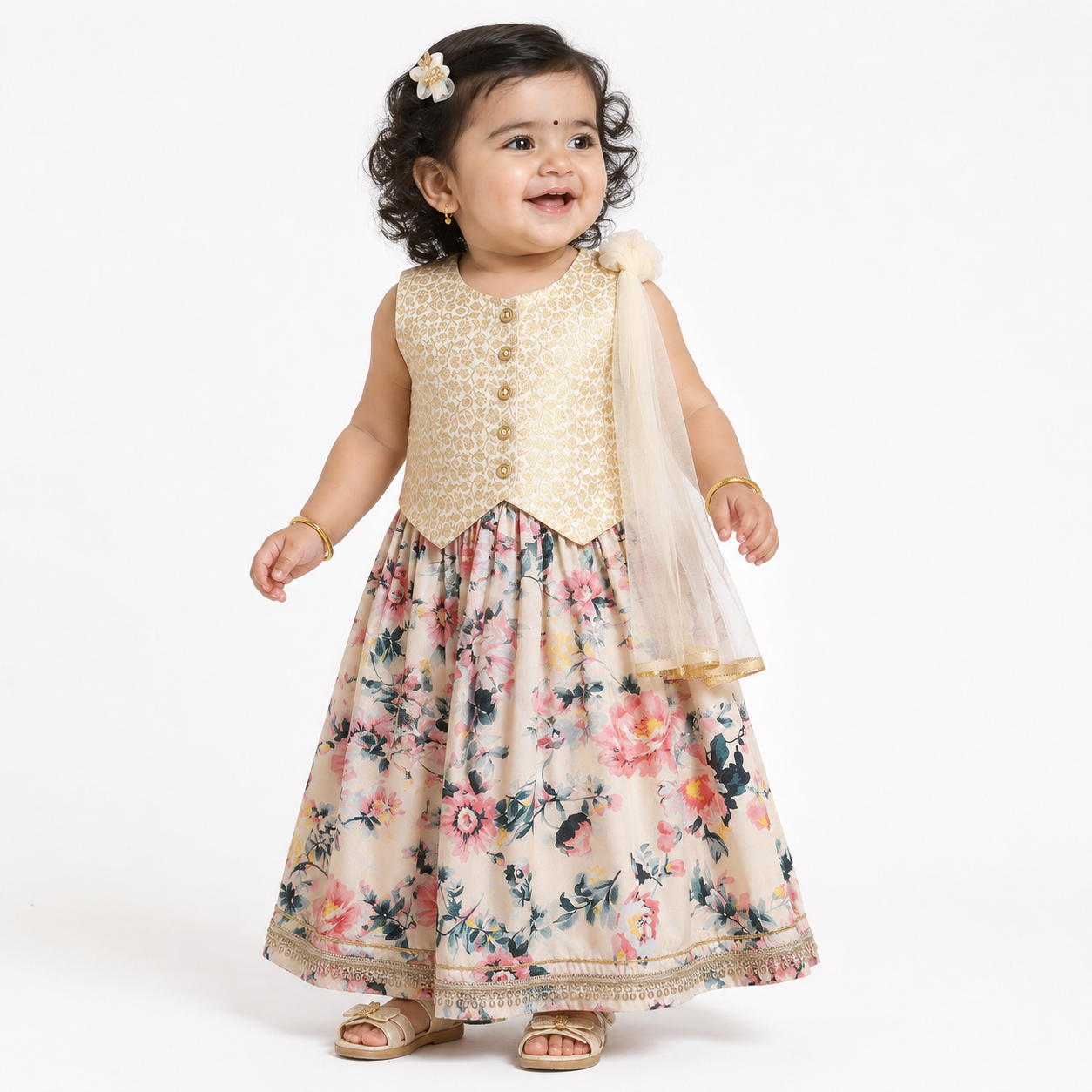 Baby Girls Beige Pink and Gold Woven Lehenga Set Regular Fit Festive Kids Ethnic Wear