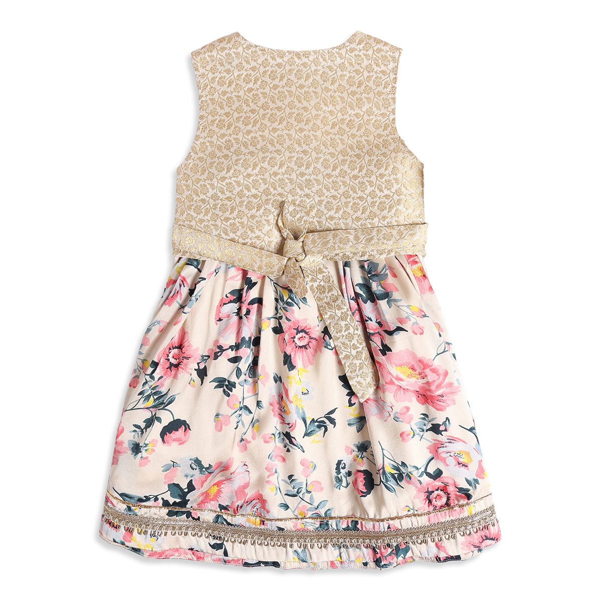 Baby Girls Beige Pink and Gold Woven Lehenga Set Regular Fit Festive Kids Ethnic Wear