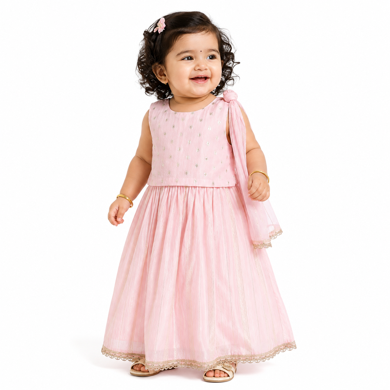 Baby Girls Pink and Gold Woven Lehenga Set Regular Fit Festive Kids Ethnic Wear