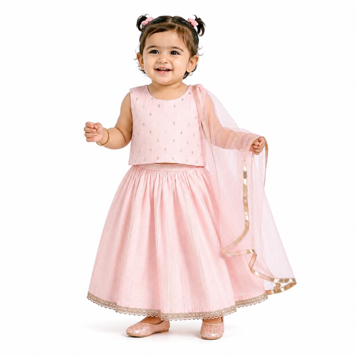 Baby Girls Pink and Gold Woven Lehenga Set Regular Fit Festive Kids Ethnic Wear