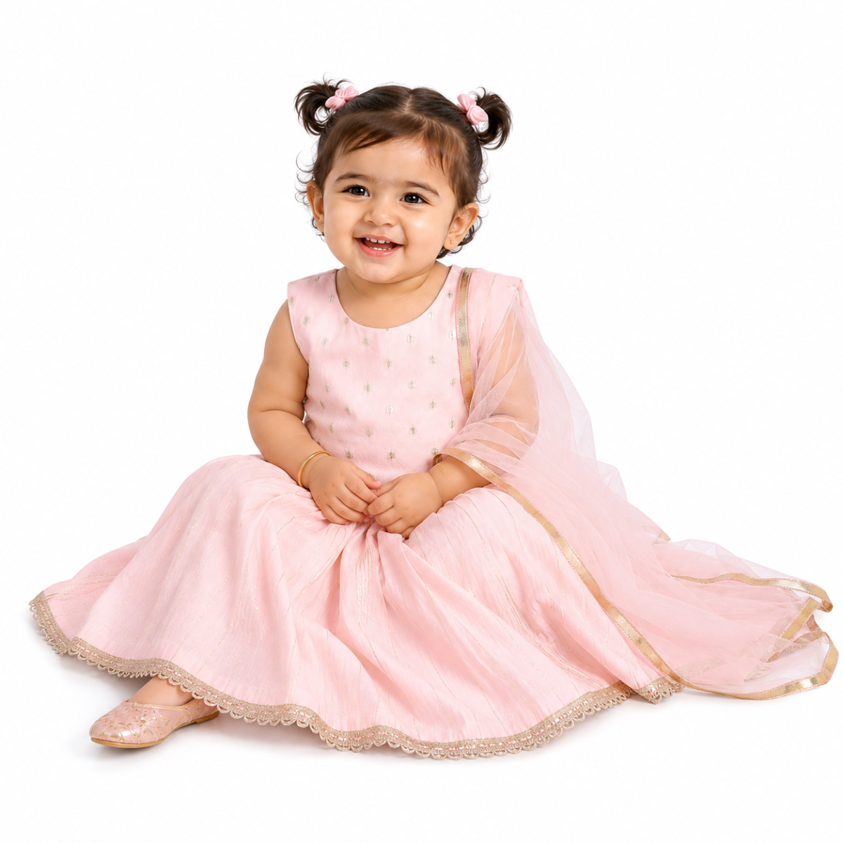 Baby Girls Pink and Gold Woven Lehenga Set Regular Fit Festive Kids Ethnic Wear