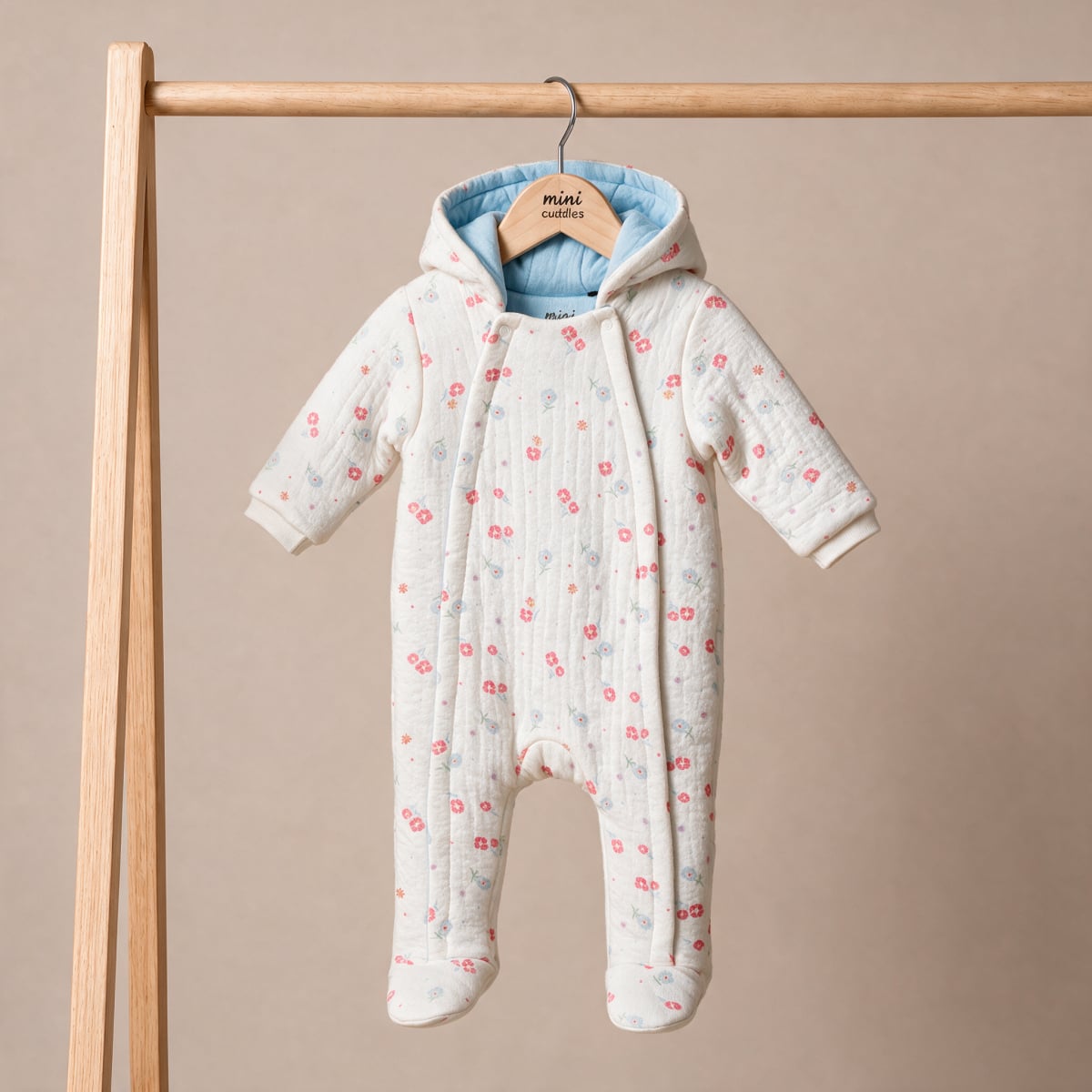 Baby Girls White Cotton Floral Printed Padded Hooded Pramsuit Regular Fit Winter Wear