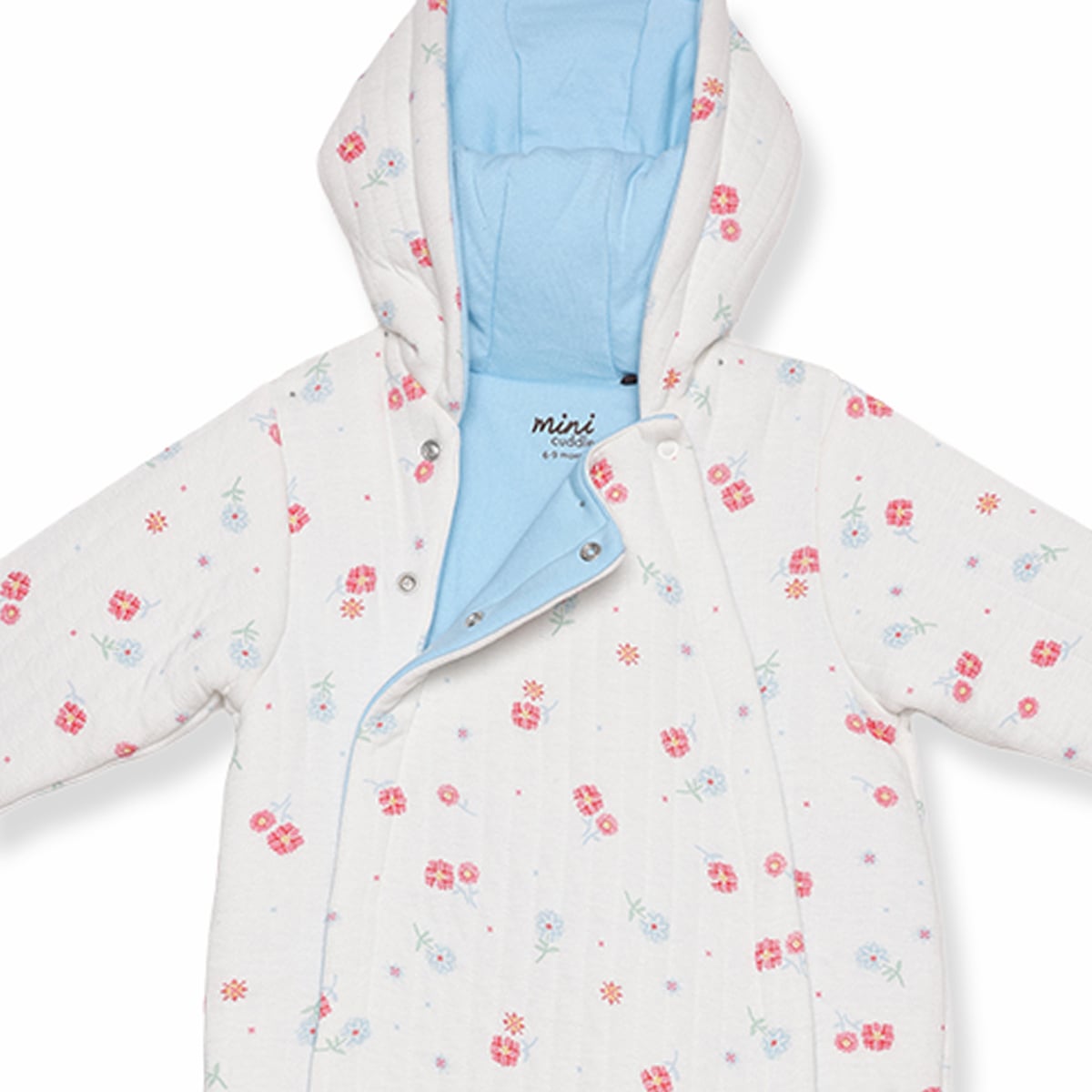 Baby Girls White Cotton Floral Printed Padded Hooded Pramsuit Regular Fit Winter Wear