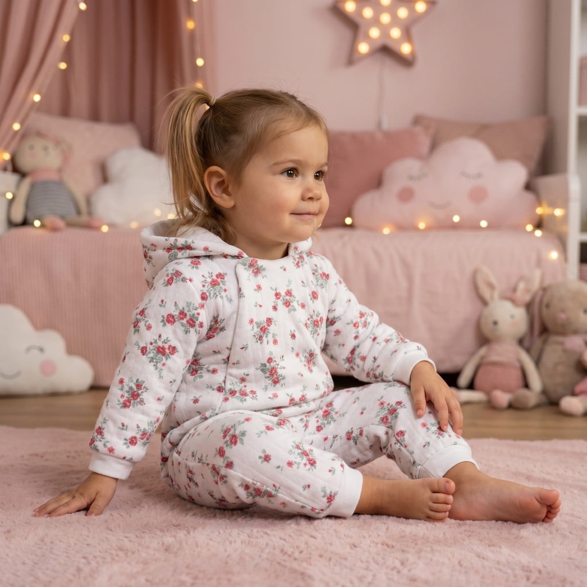 Baby Girls Off-White Cotton Blend Floral Printed Hooded Pramsuit Pack Of 1 Regular Fit Casual Wear