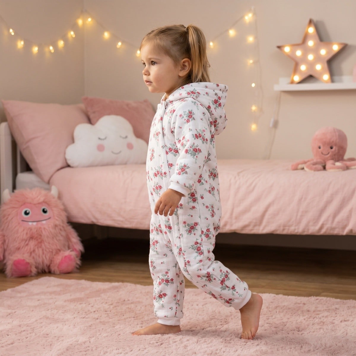 Baby Girls Off-White Cotton Blend Floral Printed Hooded Pramsuit Pack Of 1 Regular Fit Casual Wear