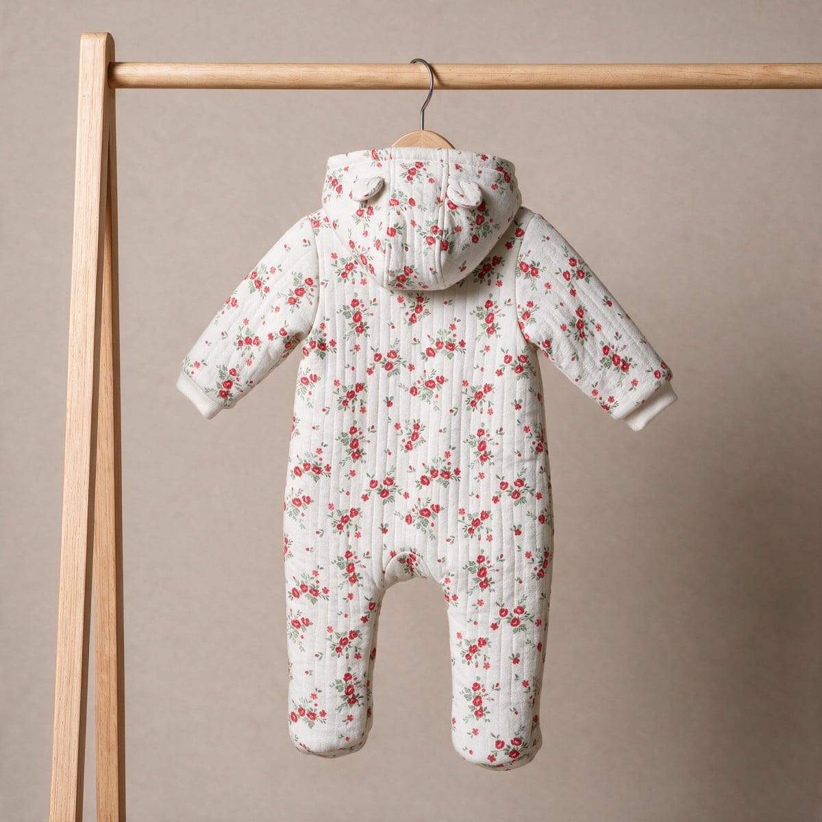 Baby Girls Off-White Cotton Blend Floral Printed Hooded Pramsuit Pack Of 1 Regular Fit Casual Wear