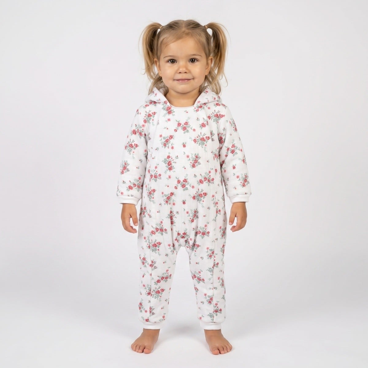 Baby Girls Off-White Cotton Blend Floral Printed Hooded Pramsuit Pack Of 1 Regular Fit Casual Wear