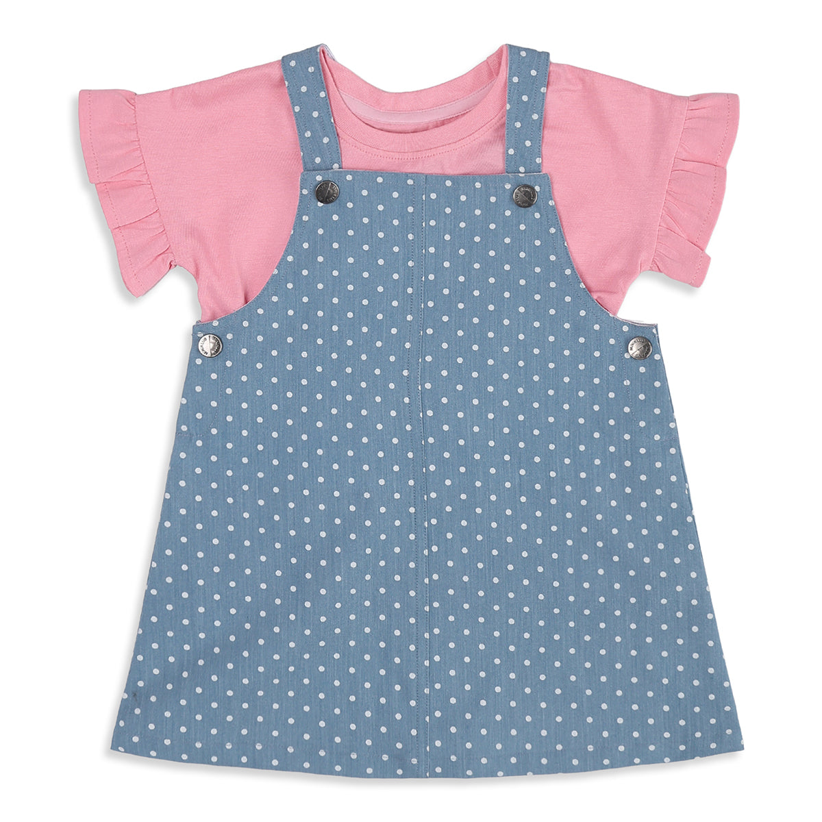 Baby Girls Blue and Pink Cotton Polka Dot Pinny Set Regular Fit