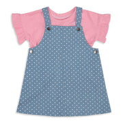 Baby Girls Blue and Pink Cotton Polka Dot Pinny Set Regular Fit