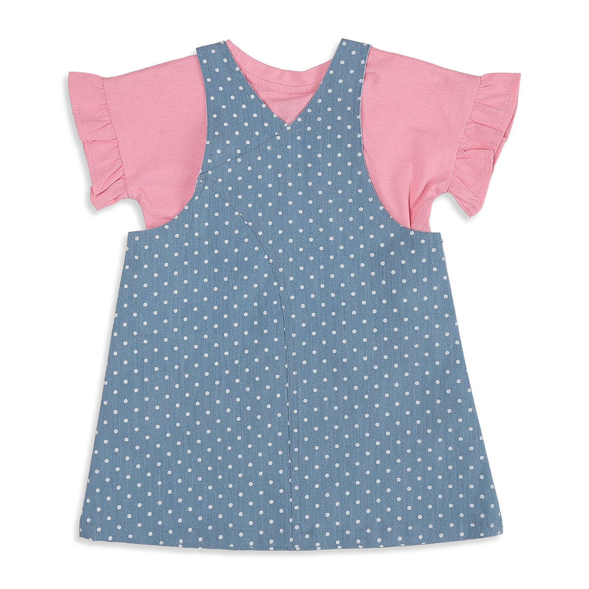 Baby Girls Blue and Pink Cotton Polka Dot Pinny Set Regular Fit