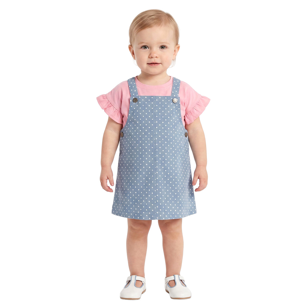 Baby Girls Blue and Pink Cotton Polka Dot Pinny Set Regular Fit
