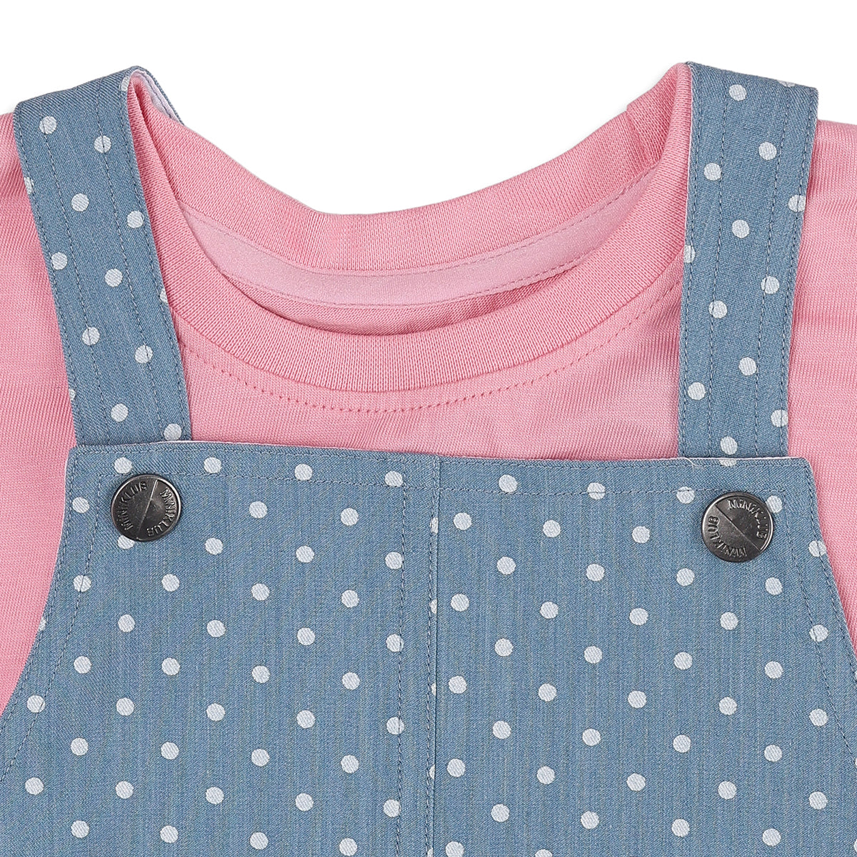 Baby Girls Blue and Pink Cotton Polka Dot Pinny Set Regular Fit