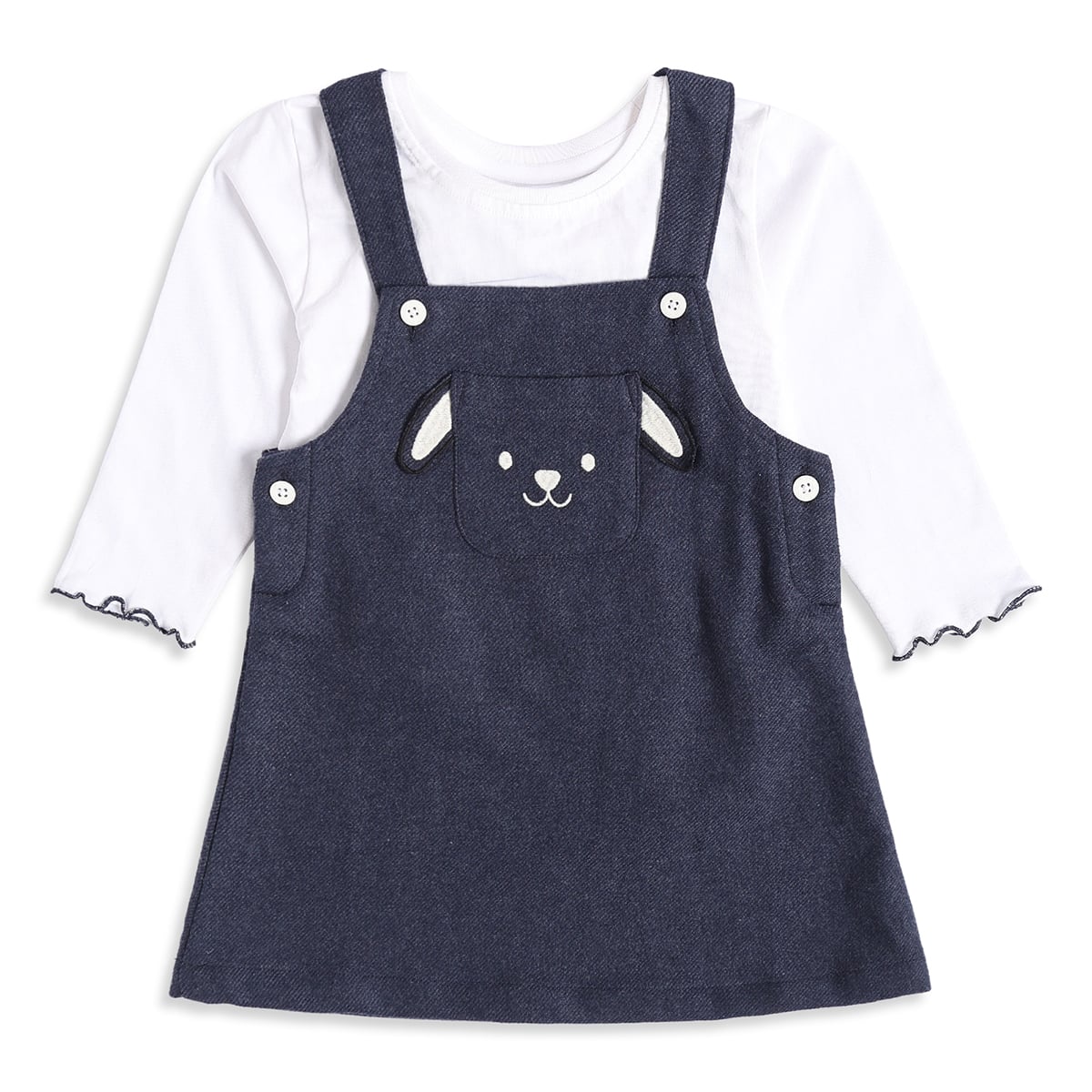 Baby Girls Navy Blue and White Cotton Bunny Embroidered Pinny Set Regular Fit Casual Wear