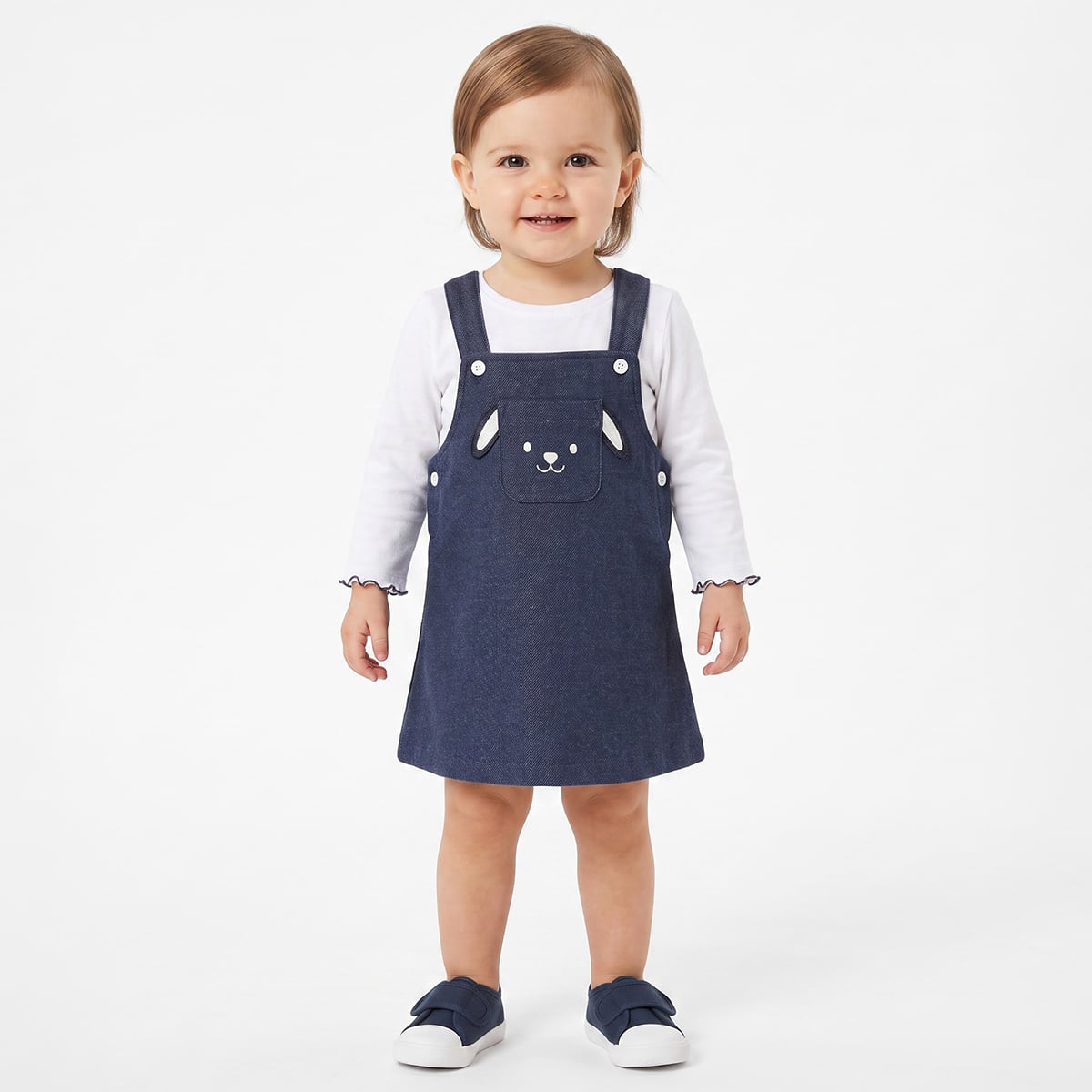 Baby Girls Navy Blue and White Cotton Bunny Embroidered Pinny Set Regular Fit Casual Wear