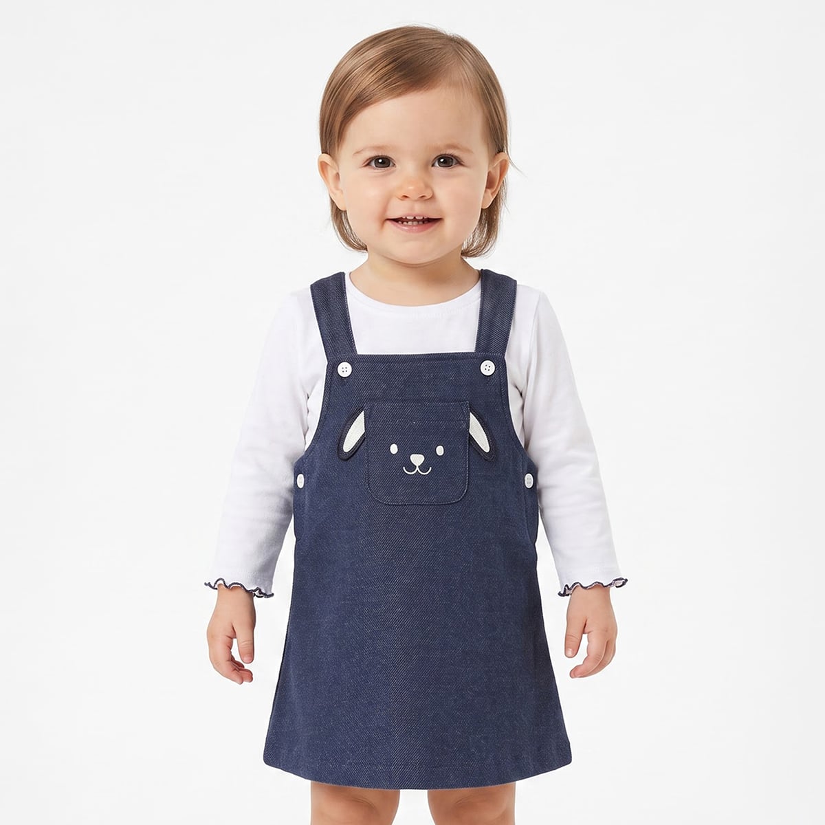 Baby Girls Navy Blue and White Cotton Bunny Embroidered Pinny Set Regular Fit Casual Wear
