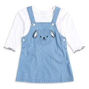 Baby Girls Light Blue and White Cotton Dog Embroidered Pinny Set Regular Fit Casual Wear