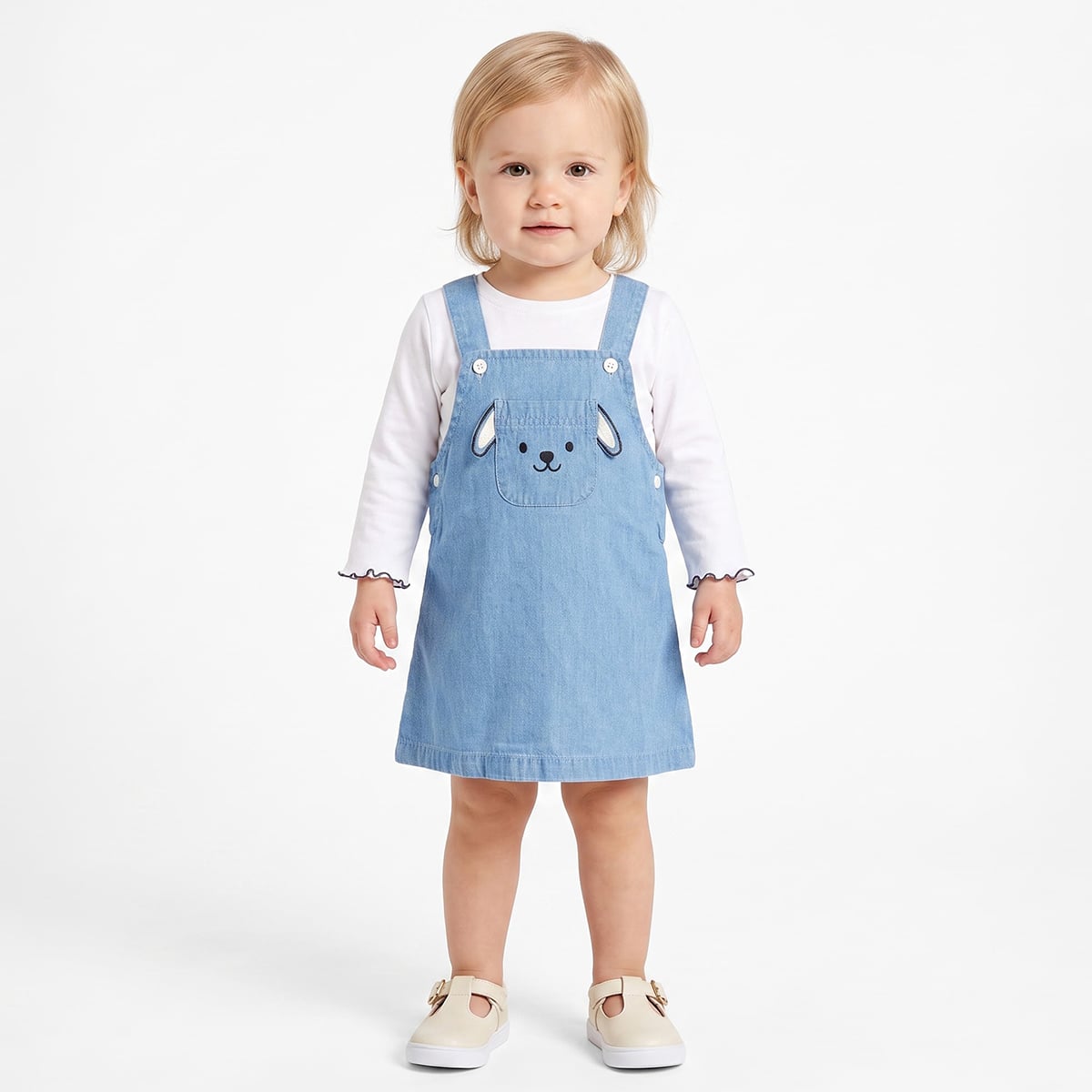 Baby Girls Light Blue and White Cotton Dog Embroidered Pinny Set Regular Fit Casual Wear