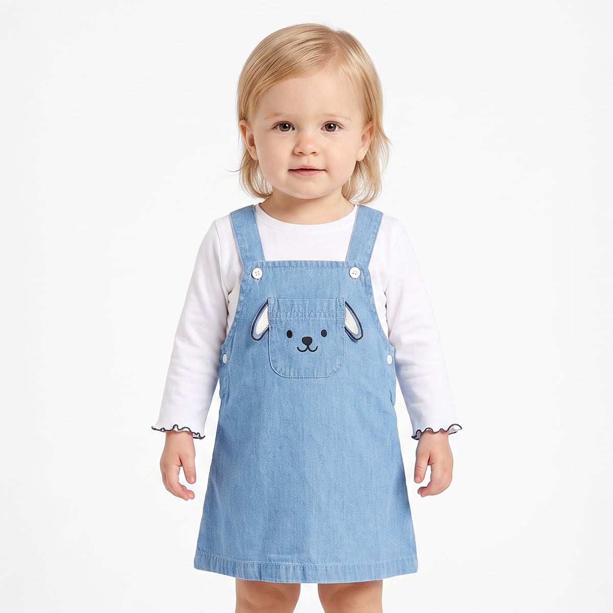 Baby Girls Light Blue and White Cotton Dog Embroidered Pinny Set Regular Fit Casual Wear