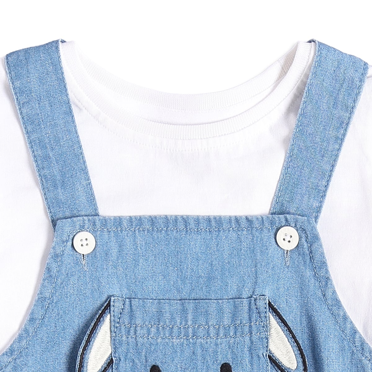 Baby Girls Light Blue and White Cotton Dog Embroidered Pinny Set Regular Fit Casual Wear