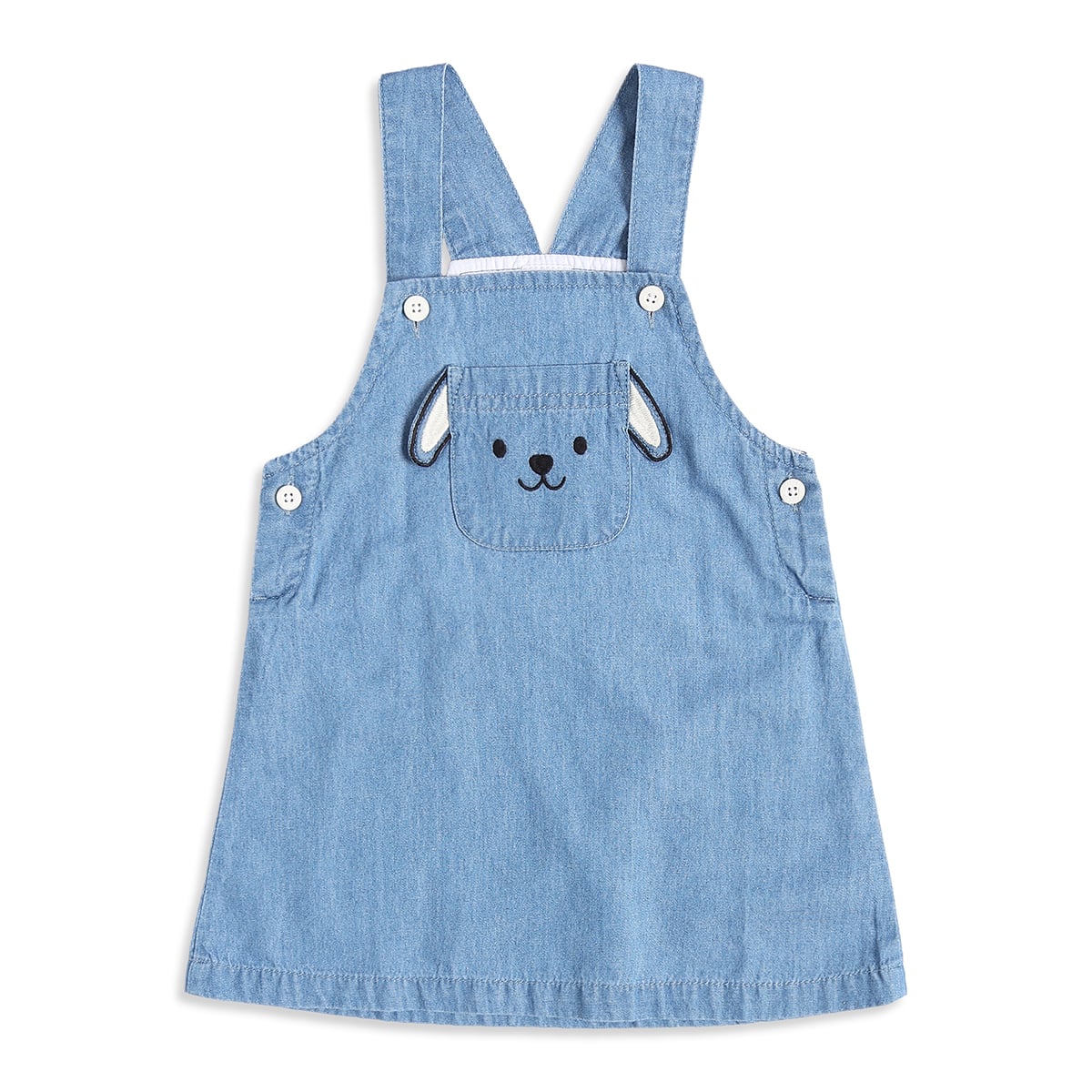 Baby Girls Light Blue and White Cotton Dog Embroidered Pinny Set Regular Fit Casual Wear