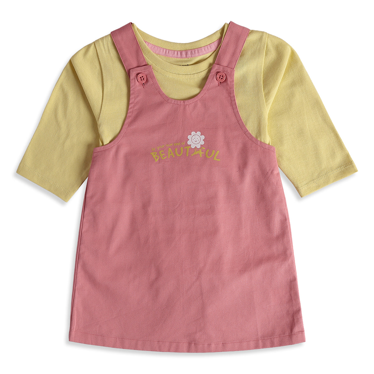 Baby Girls Pink Yellow Cotton Pinny Set Regular Fit Casual Wear